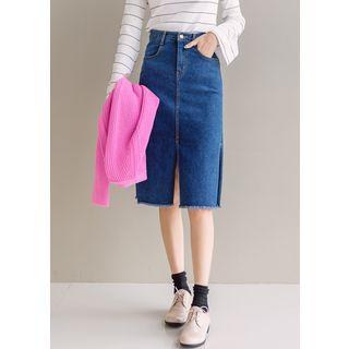 Fray-hem Slit-side Denim Skirt