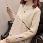 Long-sleeve Mock Neck Lettering Mini Knit Dress