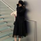 Turtleneck Long-sleeve Midi A-line Mesh Dress Black - One Size
