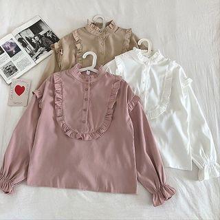 Plain Ruffled-trim Panel Long-sleeve Blouse