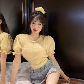 Short-sleeve Crew Neck Knit Top Lemon - One Size