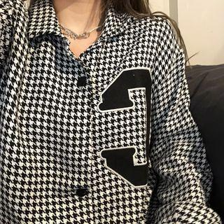 Letter Embroidered Houndstooth Shirt Jacket