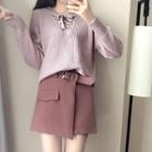 Lace-up Sweater / Belted Mini A-line Skirt / Set