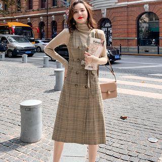 Set: Mock Neck Knit Top + Pleated Sleeveless Midi Dress