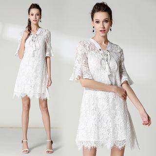 Grommet Lace-up Lace A-line Dress