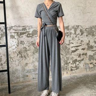 Set: V-neck Short Sleeve Cropped T-shirt + Wide Leg Pants