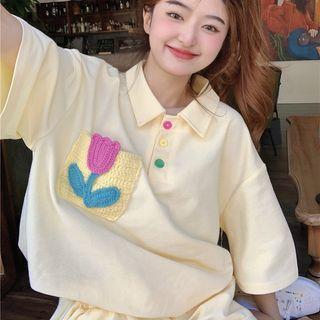 Short-sleeve Flower Applique Polo Shirt / Sweatshorts