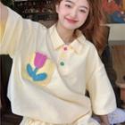Short-sleeve Flower Applique Polo Shirt / Sweatshorts