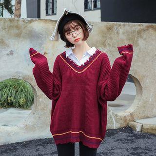 V-neck Contrast Stripe Distressed Sweater