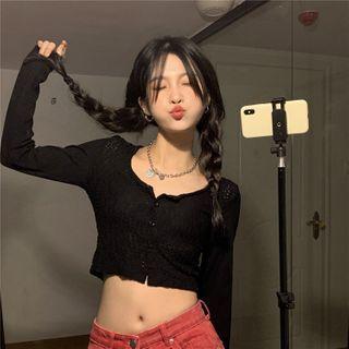 Long-sleeve Buttoned Lace Crop Top
