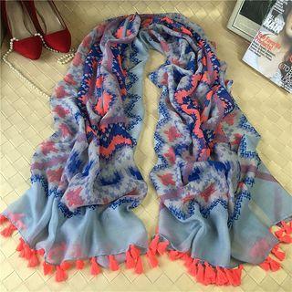 Patterned Tasseled Linen Cotton Warming Scarf