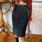 Slit-waist Coated Midi Pencil Skirt