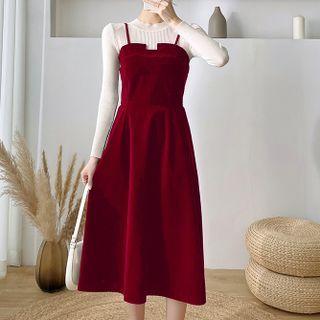 Long-sleeve Plain Knit Top / Velvet Spaghetti-strap Dress (various Designs)