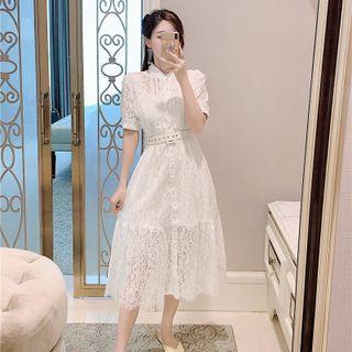 Short-sleeve Belted Lace Midi A-line Dress