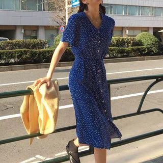 Short-sleeve Dotted Midi Dress As Shown In Figure - One Size
