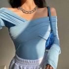 Plain Off-shoulder Long-sleeve Slim-fit Top - 5 Colors