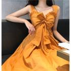 Plain Bow-accent High-waist A-line Dress