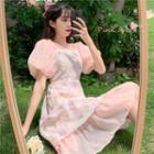 Set: Spaghetti Strap Floral Mini A-line Dress + Puff-sleeve Mesh A-line Dress