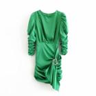 Open-back Puff-sleeve Ruched Dress
