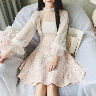 Set: Puff-sleeve Mesh Top + Tweed Suspender Skirt
