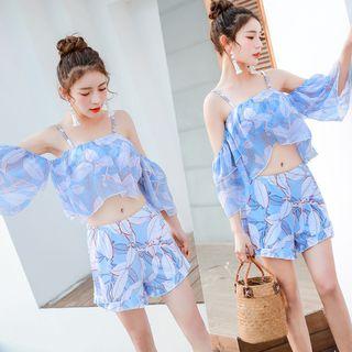 Set Of 2: Cold Shoulder Printed Swim Top + Swim Shorts