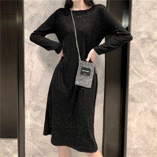 Glitter Slit Long-sleeve Knit Dress As Shown In Figure - One Size