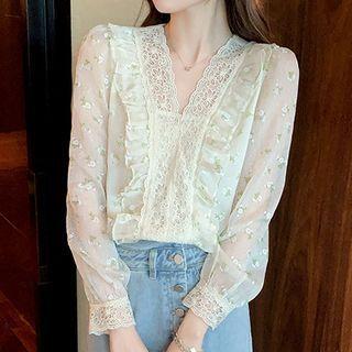Long-sleeve Lace Trim Frill Trim Blouse