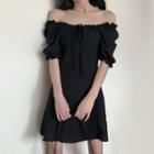 Short-sleeve Off Shoulder Mini A-line Dress Black - One Size