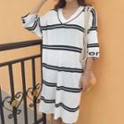 Elbow-sleeve Striped Knit T-shirt Dress