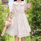 Elbow-sleeve Collared A-line Dress White - One Size