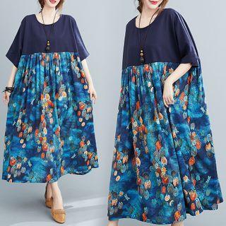 Short-sleeve Floral Print Panel Midi A-line Dress Floral - Navy Blue - One Size