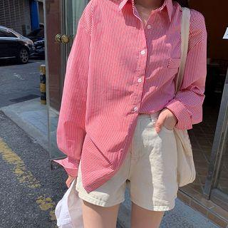 Drop-shoulder Long Striped Shirt