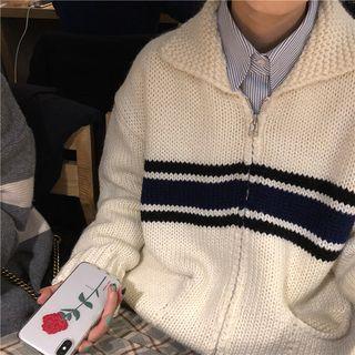 Collared Zip-up Knit Jacket Off-white - One Size