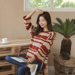 3/4-sleeve Dip-back Striped Knit Top