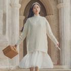 Long-sleeve Stand Collar Midi Chiffon Dress / V-neck Sweater / Set