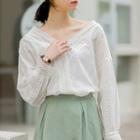 Long-sleeve V-neck Lace Top White - One Size