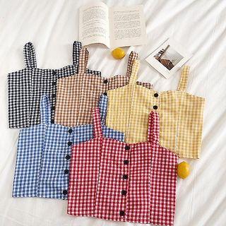 Color-block Plaid Single-breasted Slim-fit Tank Top