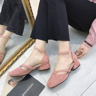 Faux Suede Ankle Strap Dorsay Block Heel Flats