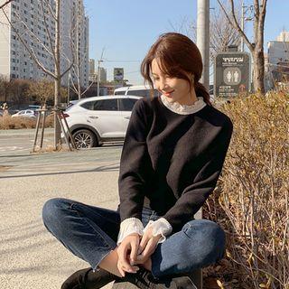 Frilled-neck Crochet-lace Trim Top Black - One Size