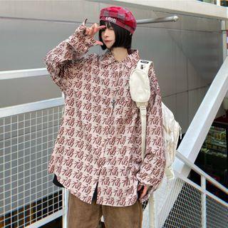 Long-sleeve Chinese Character Shirt Light Brown - One Size