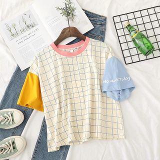 Plaid Lettering Short-sleeve T-shirt Off-white - One Size