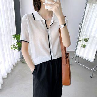Short-sleeve Collared Contrast Trim Button-up Cardigan