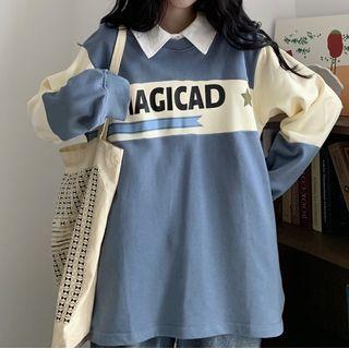 Collared Contrast Color Lettering Pullover