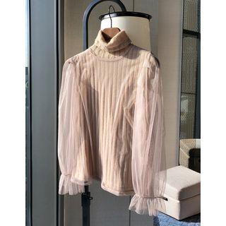 Set: Puff-sleeve Tulle Top + High-neck Sleeveless Knit Top