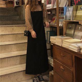 Long-sleeve Dotted Mesh Top / Spaghetti Strap Maxi Dress