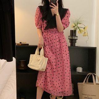 Puff-sleeve Heart Print Midi A-line Dress Pink - One Size