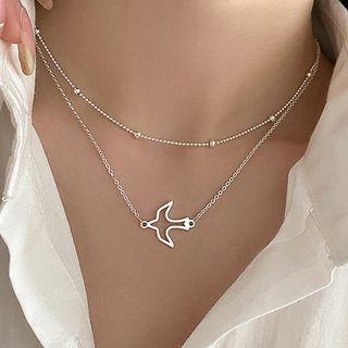 Hollow Bird Layered Necklace Silver - One Size
