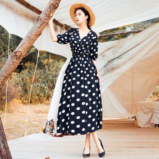 Elbow-sleeve Polka Dot Maxi Sundress