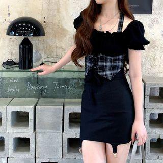 Cold-shoulder Plaid Panel Lace Up Mini Sheath Dress