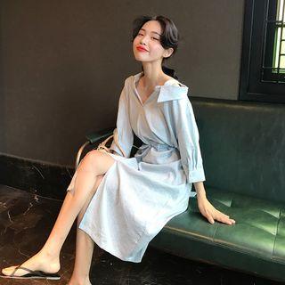 Plain Loose-fit Shirtdress Blue - One Size